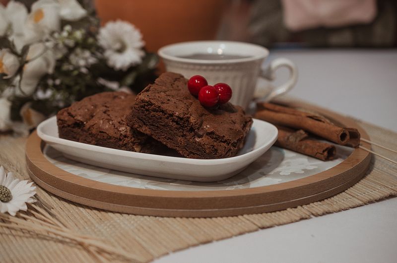 Warm chocolate brownie dessert with ice cream